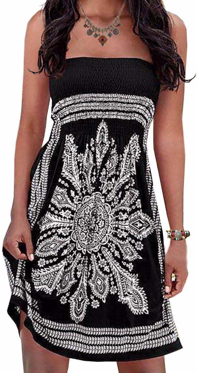 Initial Women's Strapleess Floral Print Bohemian Beach Dress Cover-up Dress