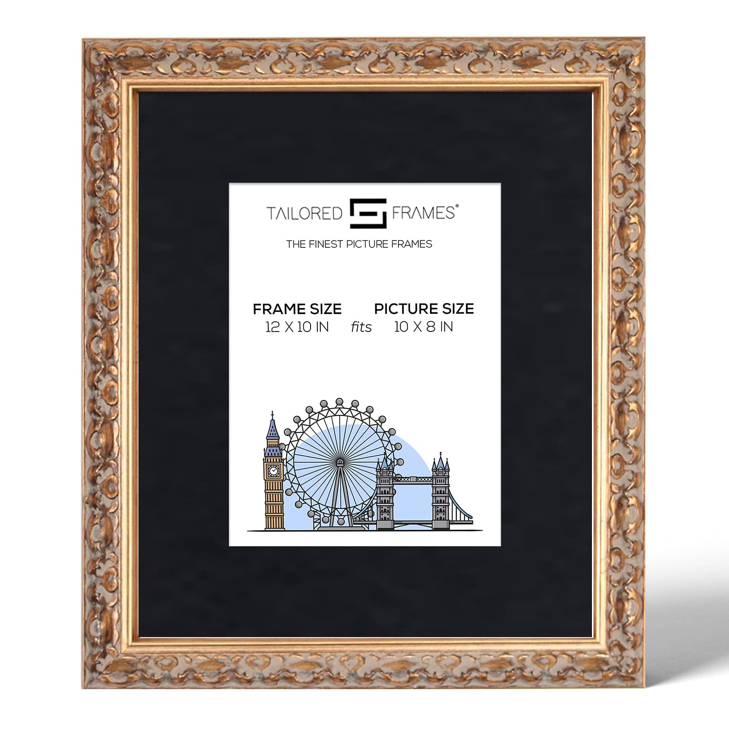 Tailored Frames Vienna Gold 12" x 10" Frame for 10" x 8" Picture | Rustic Style Vintage Single Picture Frame | Table Top & Wall Hanging Type | Photo Frame with Black Mount