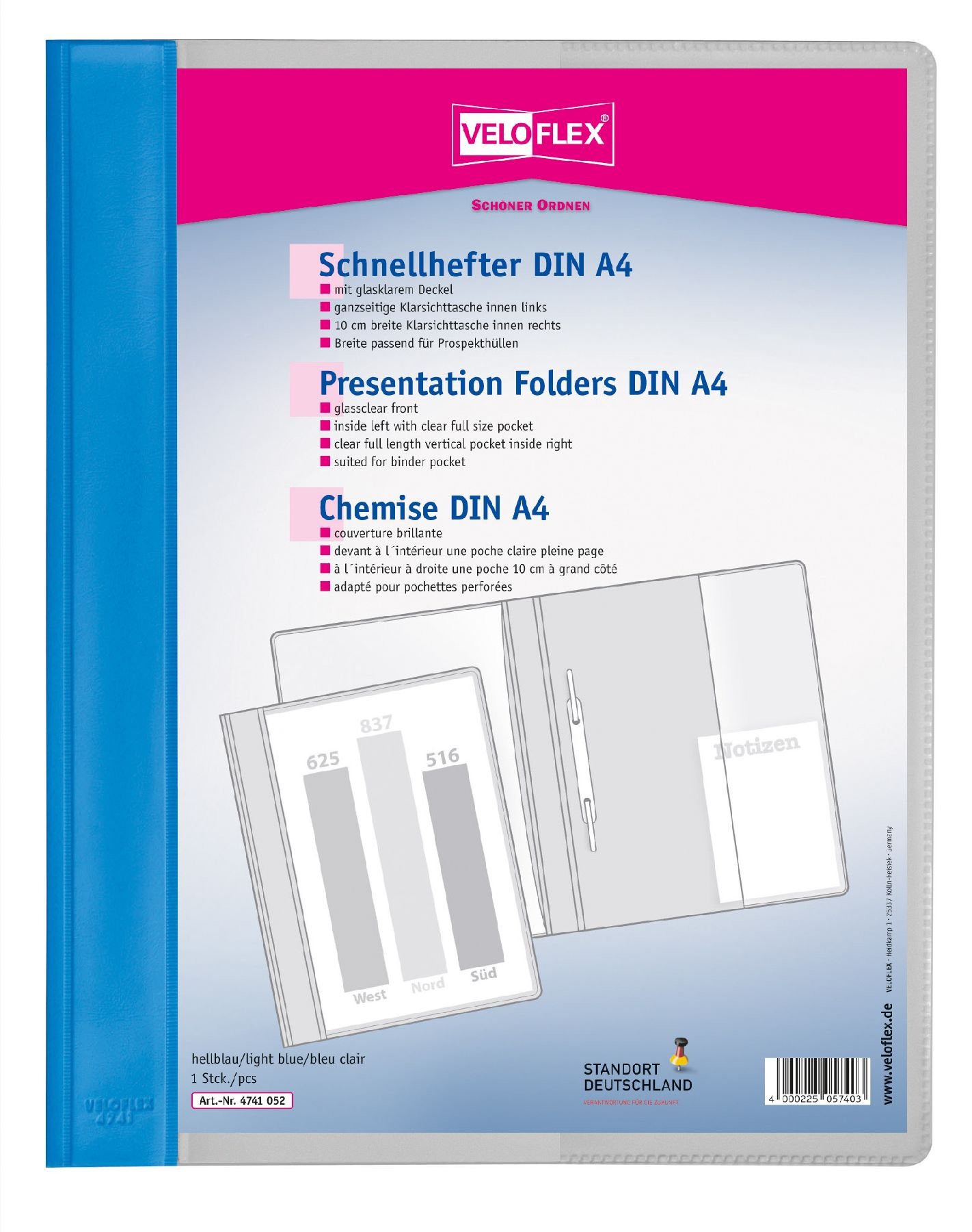 Veloflex 4741052 File Folder - A4 - PVC Film - with 2 Transparent Pockets - Light Blue