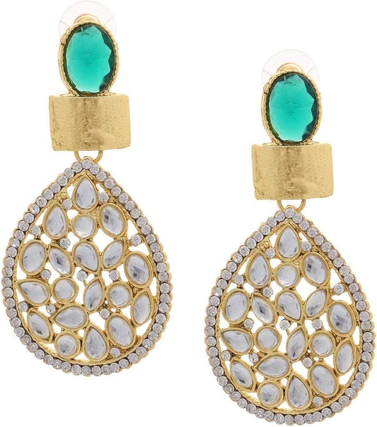 The Jewelbox Festive Dangling American Diamond Kundan Polki Emerald Green Earring for Women