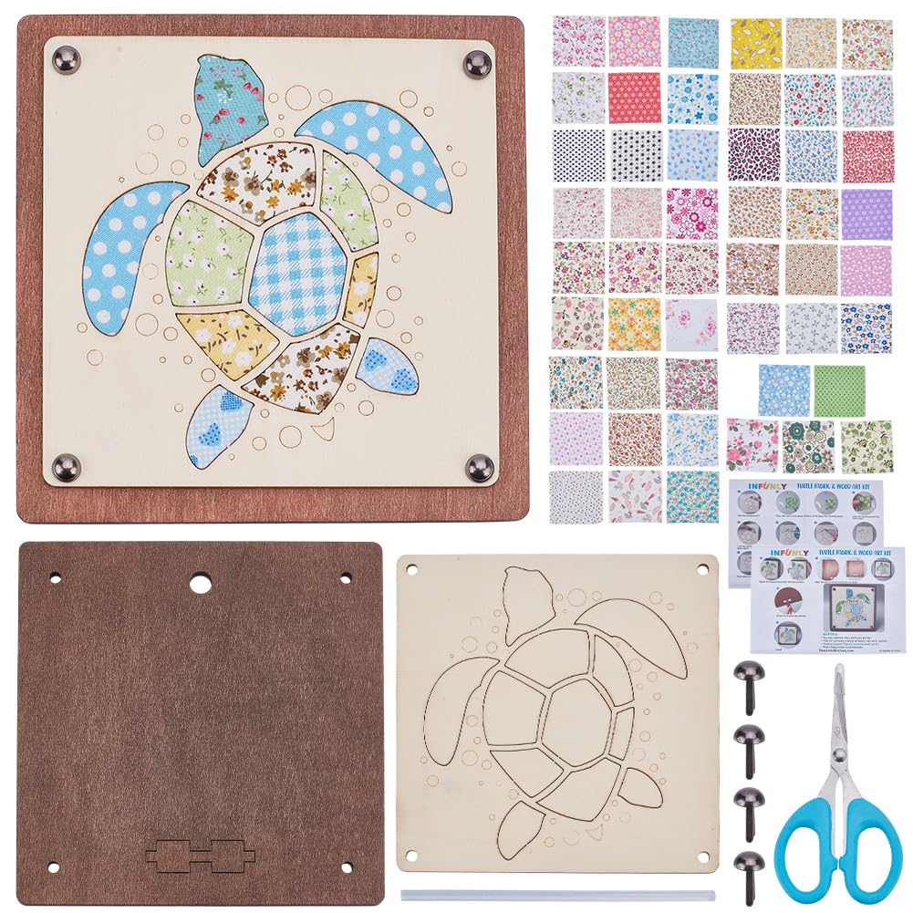 INFUNLY DIY Sea Turtles Fabric and Wood Art Kit 6.7"ร6.7" Turtles Walnut Art Kit with Quilting Fabric Wooden Craft Kit with Instructions Animal Pattern Poke-in Art Kits for DIY Crafts Birthday Gifts โ image 1