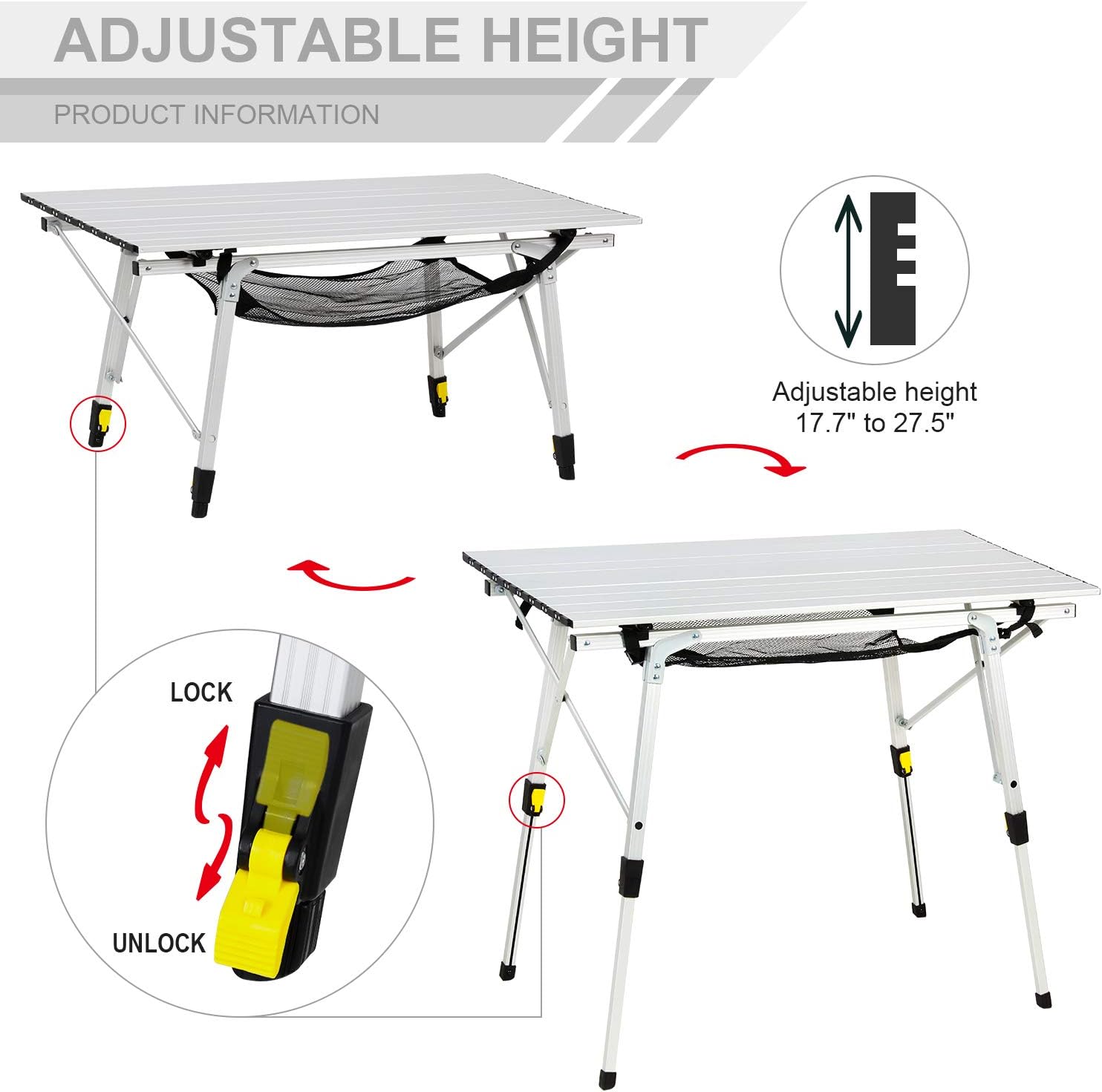 Portal Outdoor Folding Portable Picnic Camping Table with Adjustable Height Aluminum Roll Up Table Top Mesh Layer : Sports & Outdoors