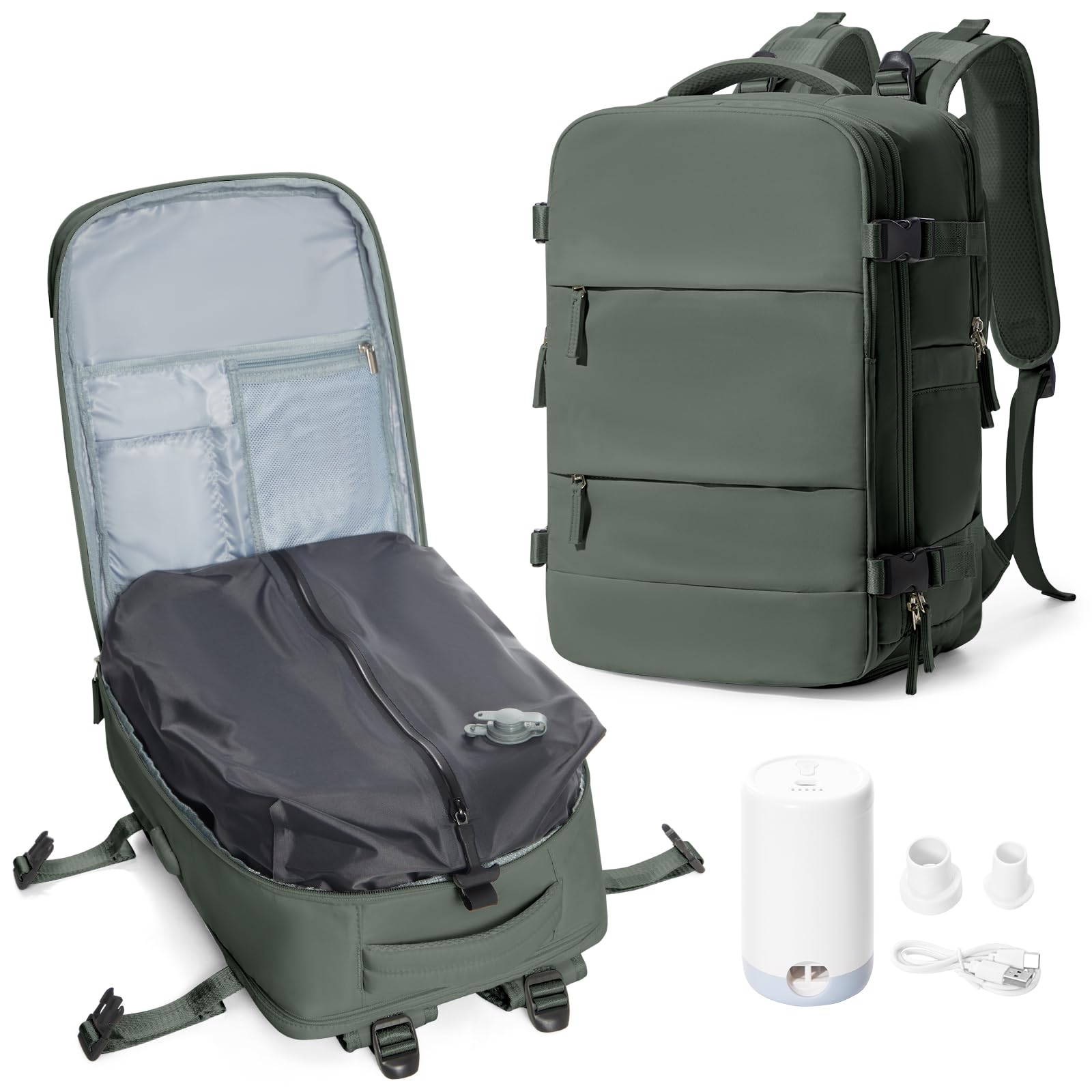 Photo 1 of UPPACK Vacuum Travel Backpack with Pump for Women Men Carry on Backpack Luggage Flight Approved Personal item Travel Bag Essentials With Wet and Dry Separation Bag,Large,Olive Green