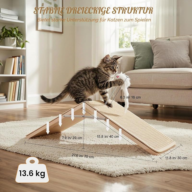 Kratzrampe für Katzen, Sisal Kratzbrett Holzrampe, Faltbares Dreieck Katzenkratzbrett mit 2 Federplüschspielzeugen, Möbel Schutz Kratzmatte für Mehrere Haustiere Innenraum Non-Slip