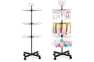Exttlliy Retail Display Stand Store Display Rack 3 Tier Metal Spinning Display Stand Rack with Wheels Keychain Display Rack with Hooks Jewelry Socking Hat Display Stand for Malls, Showroom, Retail Store (3 Tier)