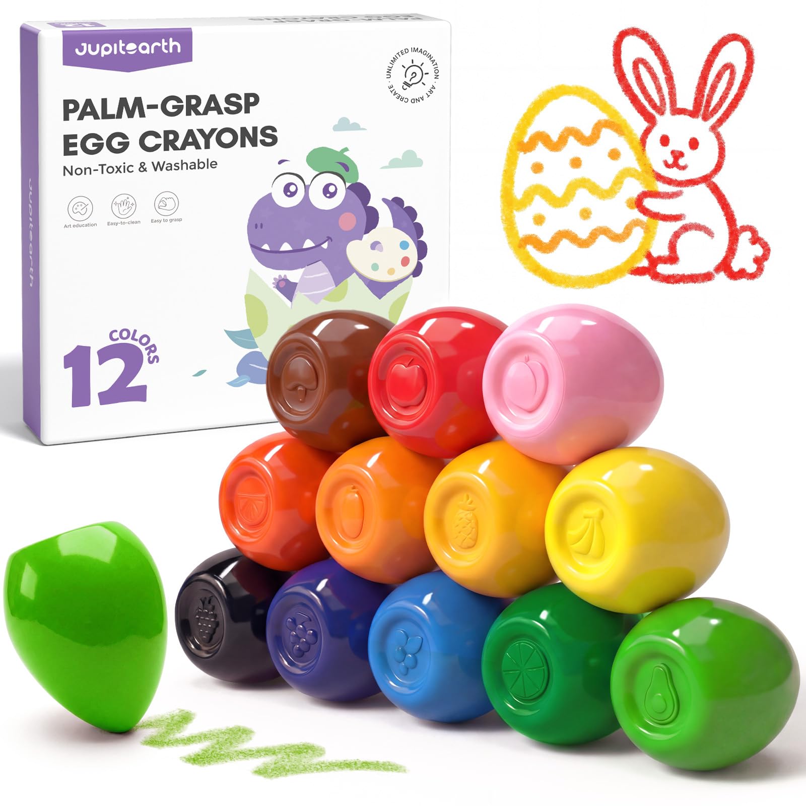 JUPITEARTH 12 Colours Egg Crayons for Toddlers 1-3, Palm Grasp Non Toxic Washable Jumbo Crayons for Kids, Fat Brain Toys for Preschool Art Supplies and Perfect Easter Gifts for Boys and Girls