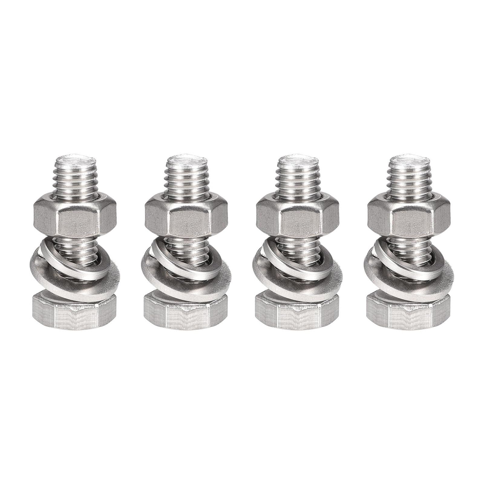 TOP-VIGOR 4Pcs M10 x 30mm Hex Head Screws Bolts, Nuts, Flat & Lock Washers Kits, 304 Stainless Steel Fully Thread Hexagon Bolts for DIY Bike Motorcycles Repair