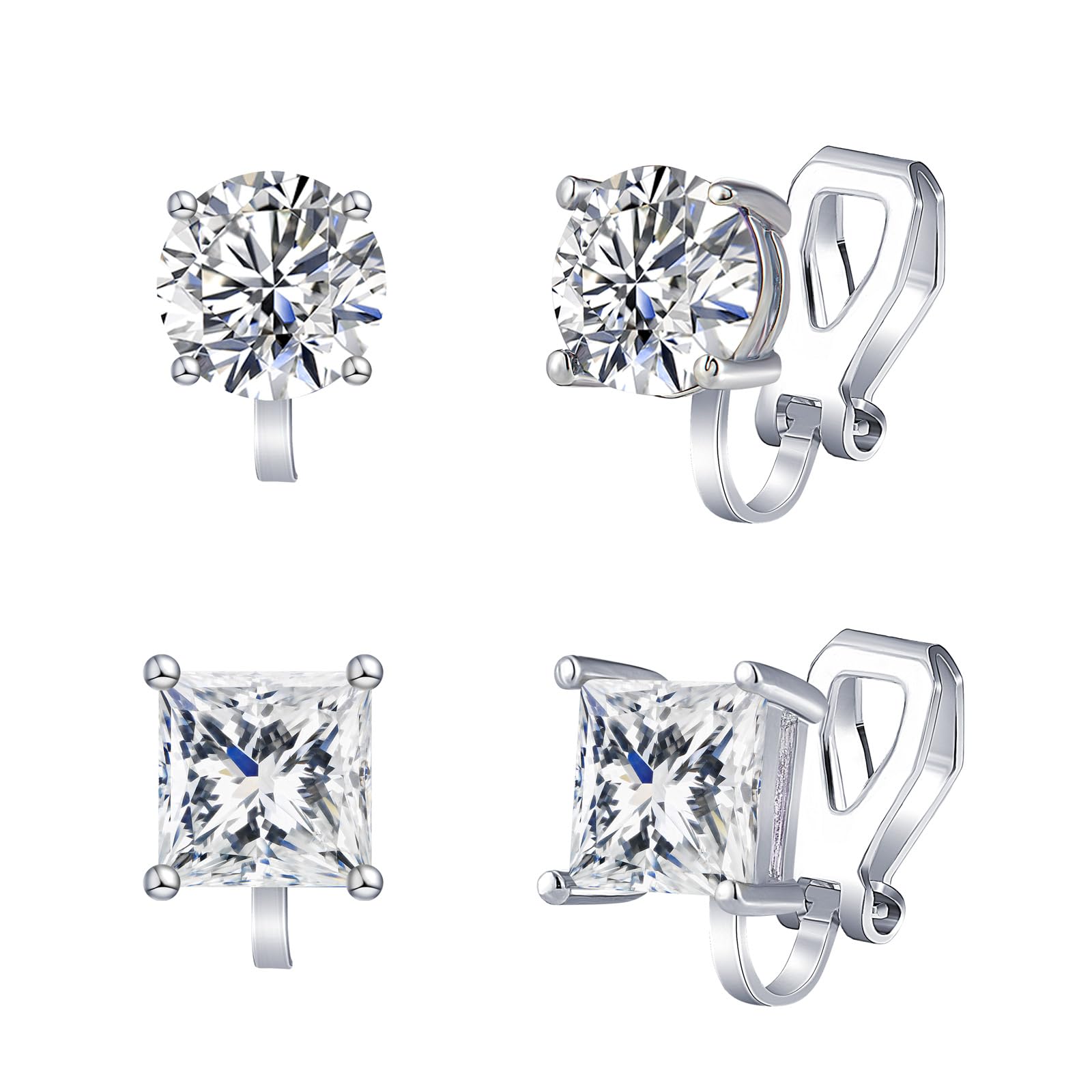 QUKE 2 Pairs Clip On Stud Earrings 7MM Cubic Zirconia Crystal Clip On Stud Non Pierced Earrings For Women Girls