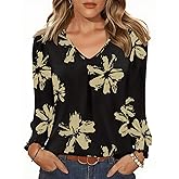 AKEWEI Women's Blouse V Neck Long Sleeve Tops 2026 Spring Loose Dressy Casual Shirts
