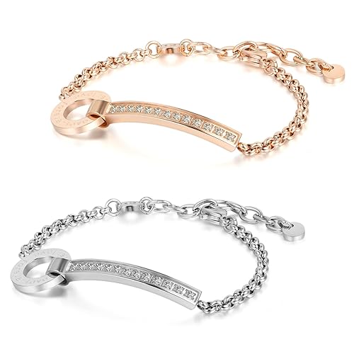 Flongo 2 Stück Edelstahl Armband Armreifen Link Handgelenk CZ Zirkon Zirkonia Silber Rose Gold Panzerkette Kette Geburtstag V