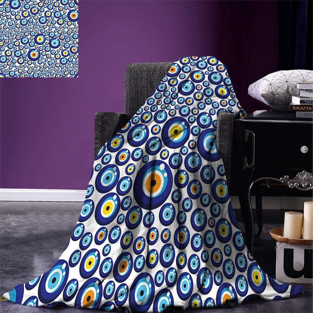 Evil Eye Weave Pattern Extra Long Blanket Traditional Turkish Charm Luck Sign Pattern Vivid Bead Figures Graphic Custom Design Cozy Flannel Blanket Blue Orange Yellow 48x60IN