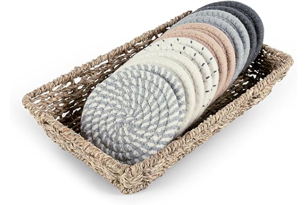 Boho Coasters for Drinks with Seagrass Basket Holder Set,12 Pcs Handmade Woven Absorbent Insulating Coasters for Coffee Table,Table Home Decor