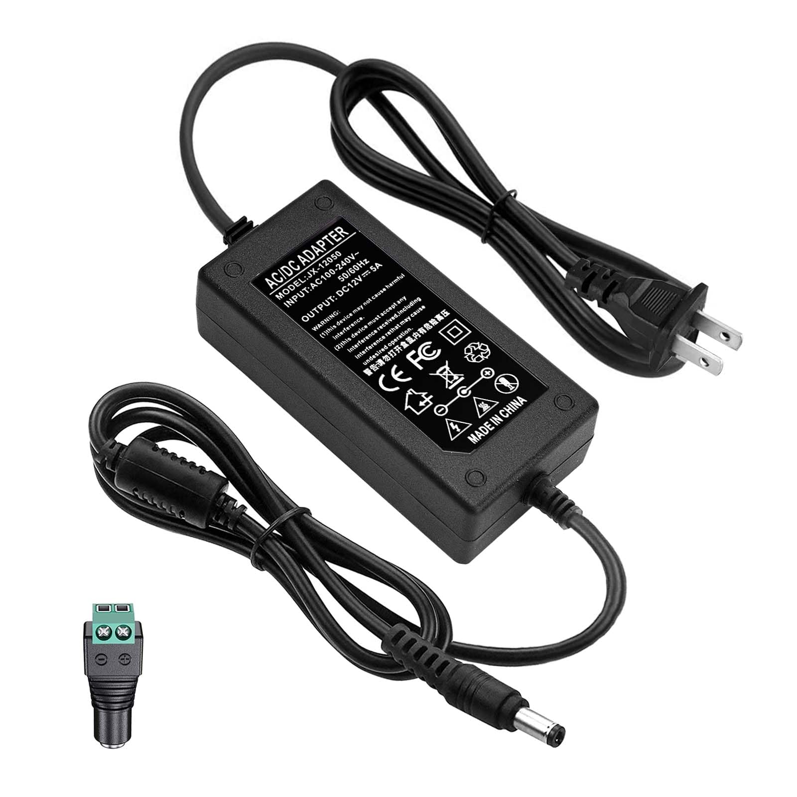 Photo 1 of 12V 5A Power Adapter 60W AC/DC Converter Suitable for LED Strips, Surveillance Cameras, and Computer Monitors. Features a 5.5x2.5mm Connector and a 2.1mm Plug.