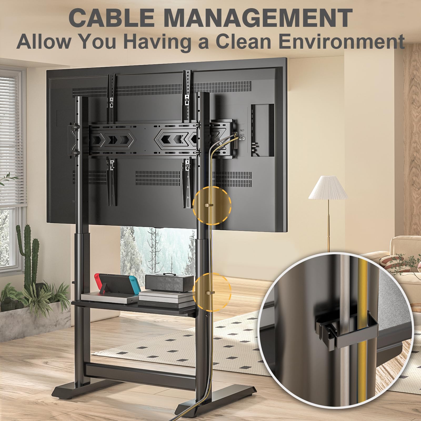 TVON Heavy Duty Floor TV Stand for 55-100 inch Large TVs up to 150 lbs, Universal Tall TV Stand with Mount, Height Adjustable TV Floor Stand with Large Storage Shelf for Living Room, Black