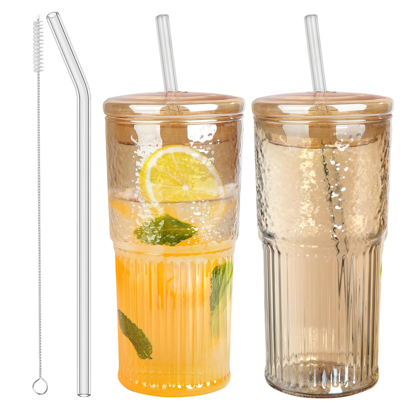 JunVpic Glass Cups with Lids and Straws, Amber 20 OZ Iced Water Glasses Tumblers for Ice Juice, Tea, Milk, Smoothie and Cold or Hot Drinks, Set of 2