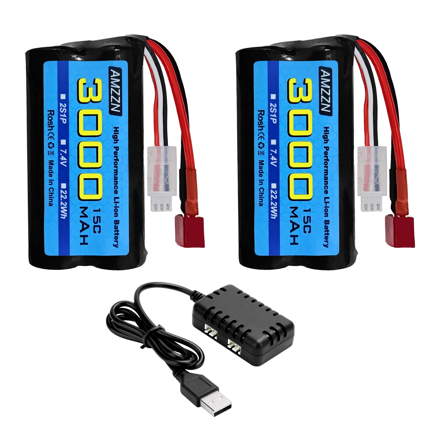 AMZZN 2PCS 7.4V 3000mAh 15C 2S T-Plug Li-ion Battery + 2-in-1 Charger for WLtoys 12423 MJX 14301 14303 14302 H16PL High-Speed RC Cars 1/10,1/12,1/16 Ratio RC Trucks,RC Ship Backup Battery