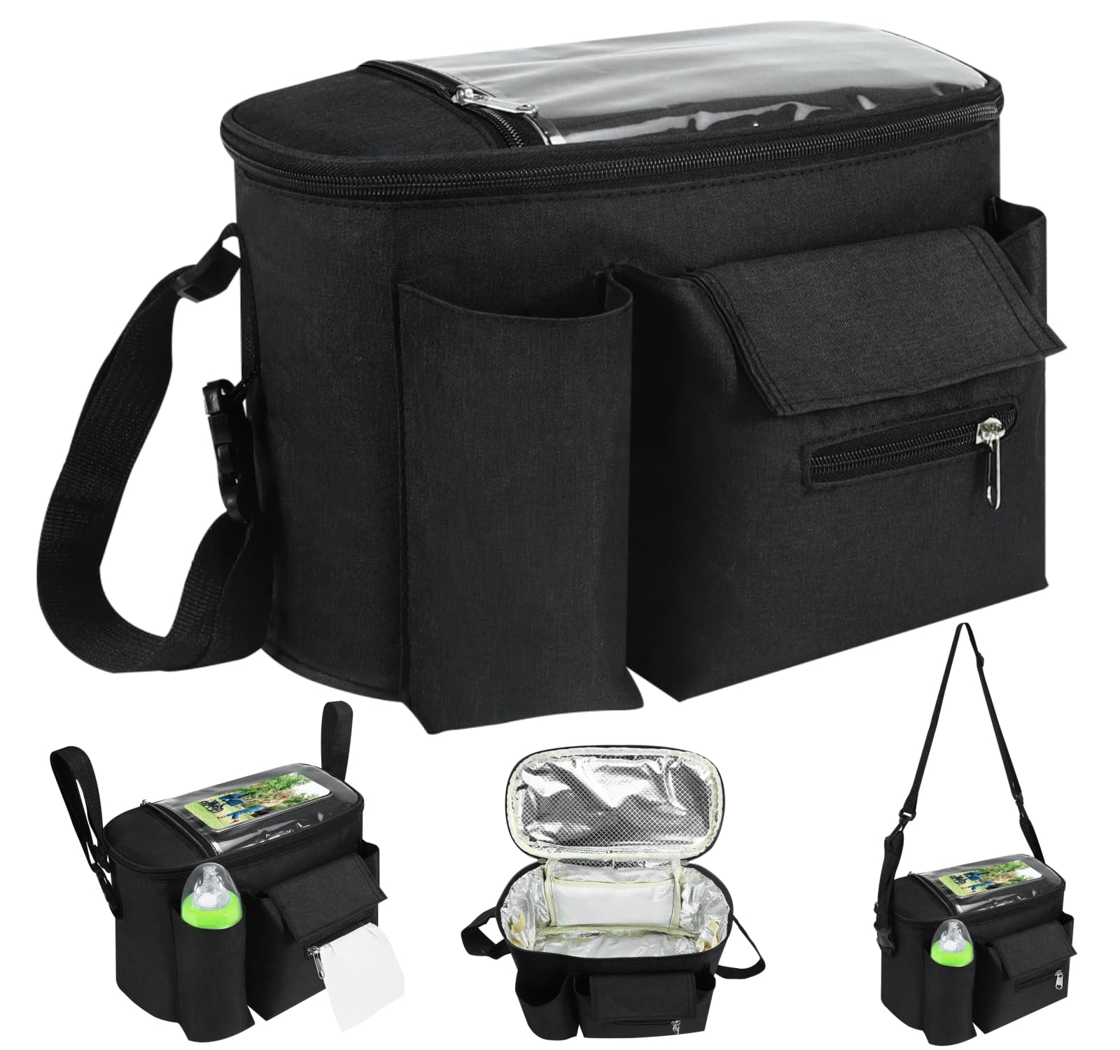 cakefly Pram Bag Pushchair Organiser - Touch Screen Pocket, Thermal Insulation & Cup Holder | Universal Waterproof Buggy Accessory fits Any Pram Handlebar (Black)