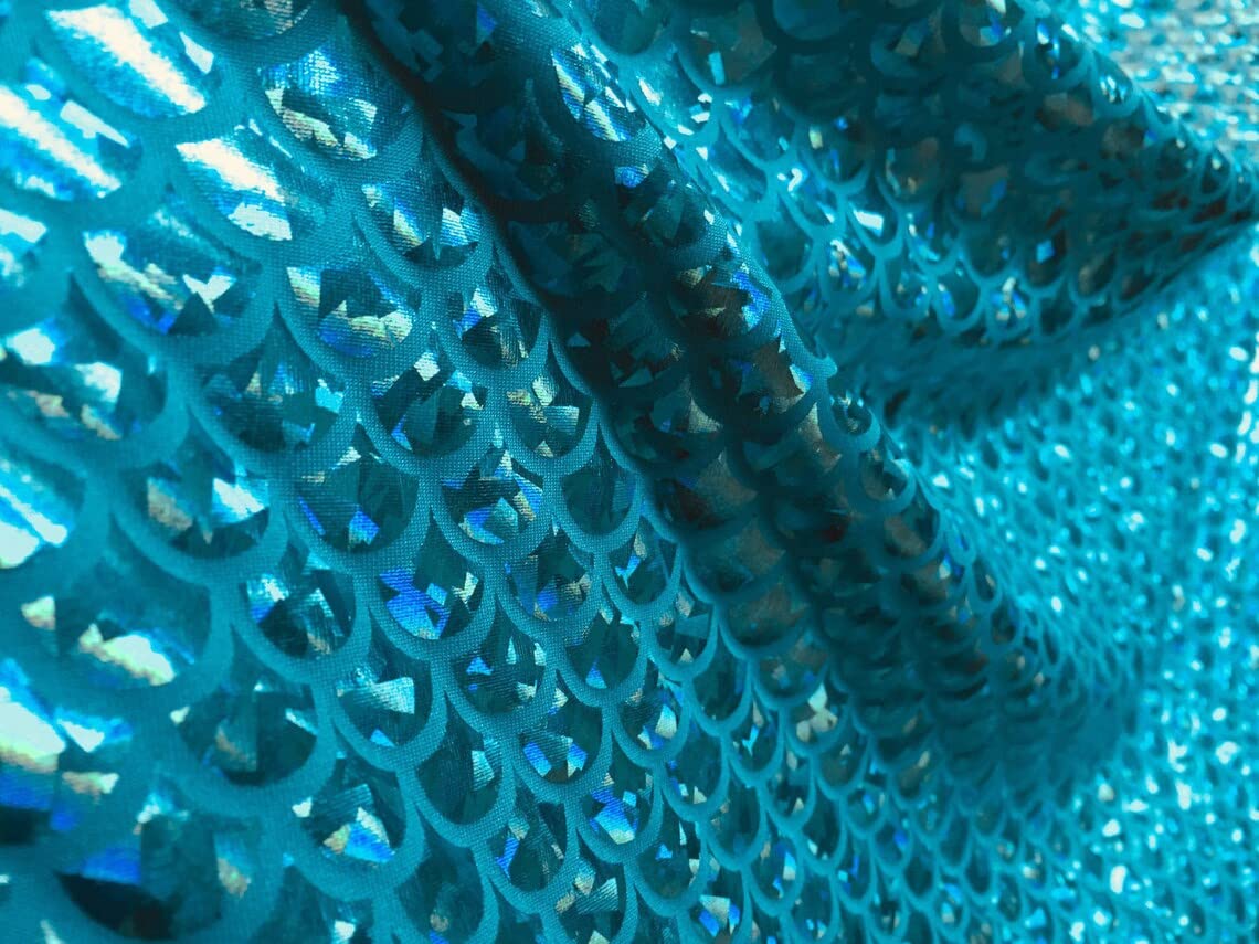 LushFabric Mermaid Scale Print Fabric Fish Tale Scales Foil - 2 Way Stretch Material Lycra Spandex - Bikini, Costume, Dress, Decor - 145CM Wide (2 METRES, Aqua)