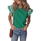Pinclodly Ruffle Sleeve Tops for Women Bohemian Floral Trim Crewneck Tshirts Casual Loose Patchwork Cap Sleeve Peasant Tops