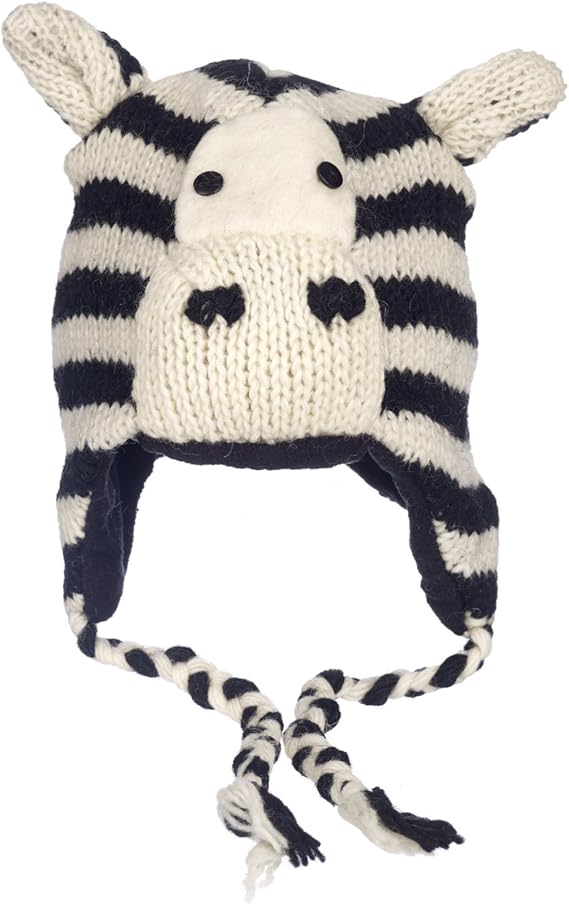 Hand Knitted Woolly Hat Zebra Fun Wool Knit Fleece Lined Animal Hat