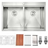 IKEBANA 33 x 22 Inch Double Bowl Kitchen Sink Drop in, Brushed Nickel 16 Gauge Stainless Steel Topmount 50/50 Double Basin Workstation Kitchen Sink with Accessories
