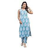 Janasya Indian Women's Cotton Blue Ethnic Print Casual Wear Kurta Set for Women