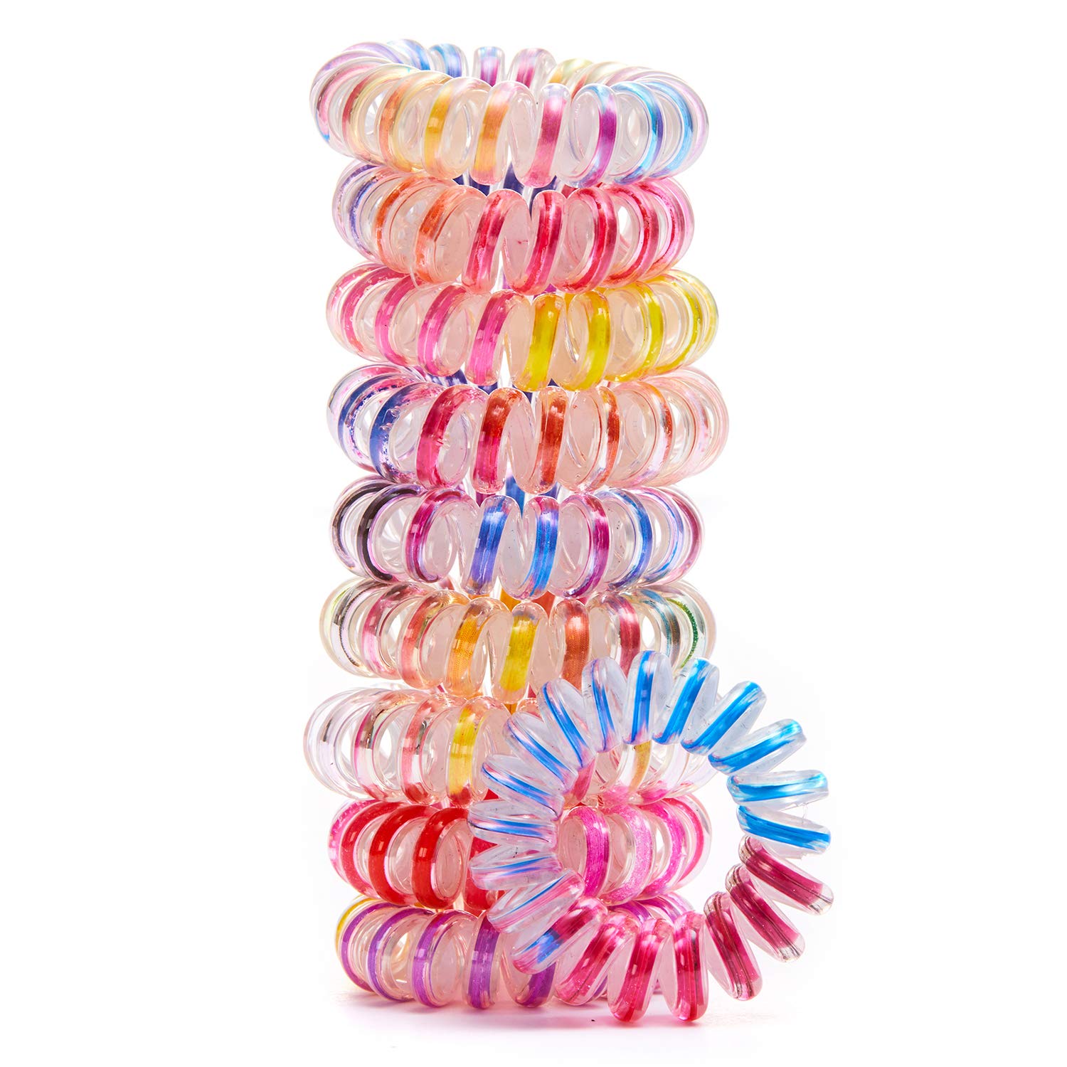 Ordermore Spiral Hair Ties,Colorful Coil Hair Ties, Phone Cord Hair Ties, Waterproof Hair Coils for Women Girls - 10 Pcs (Stripe Color)