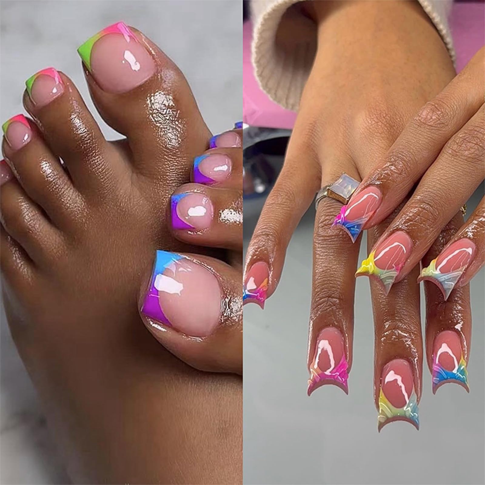 Photo 1 of IMRAIN 48Pcs Press on Toe Nails Short Fake Toenails & Medium Duck False Nails with Colorful French Tip Design Glossy Glue on Toe Nails Summer Acrylic Manicure Toenail Press on Nails