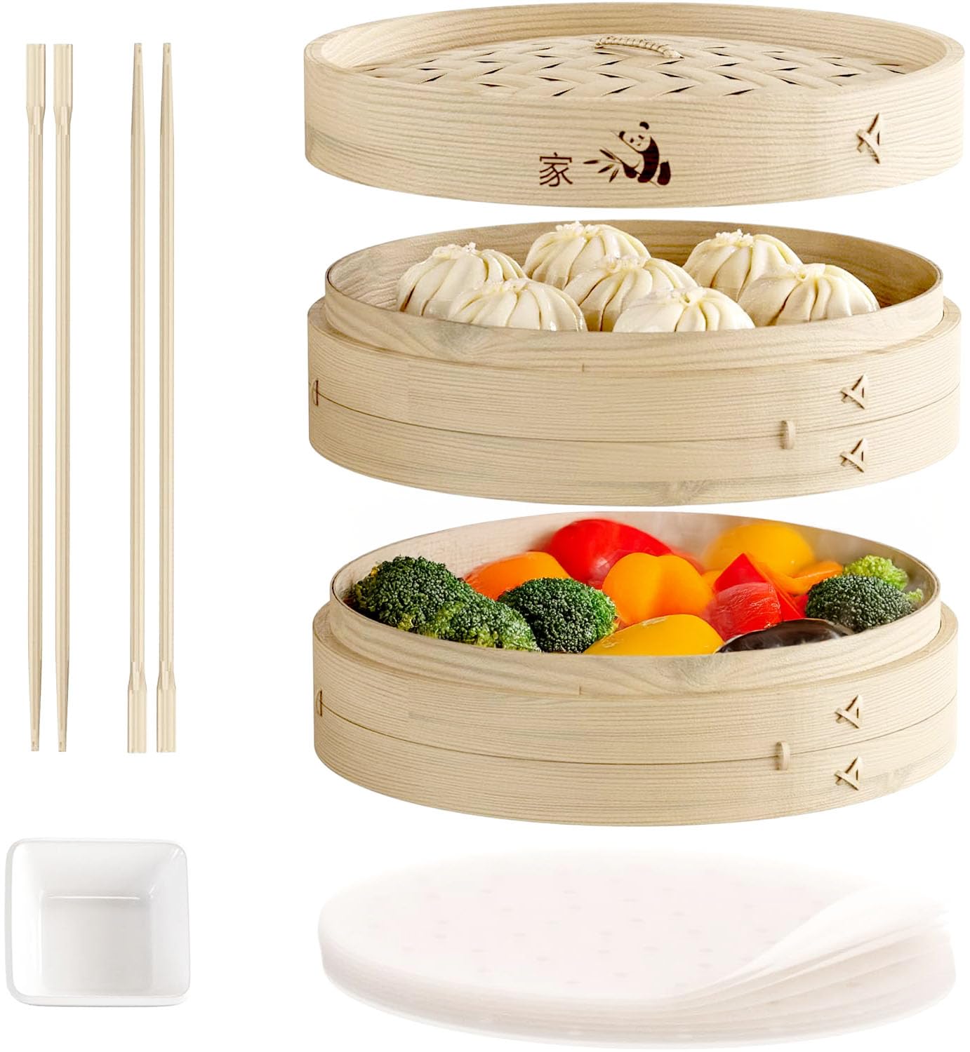 Photo 1 of Prime Home Direct Bamboo Steamer Basket 10-Inch | 2-Tier Steamer for Cooking | 50 Liners, Chopsticks, Sauce Dish | Steaming Asian Food, Bao Buns, Chinese, Dim Sum, Dumpling, Rice, Vegetable Steam Pot