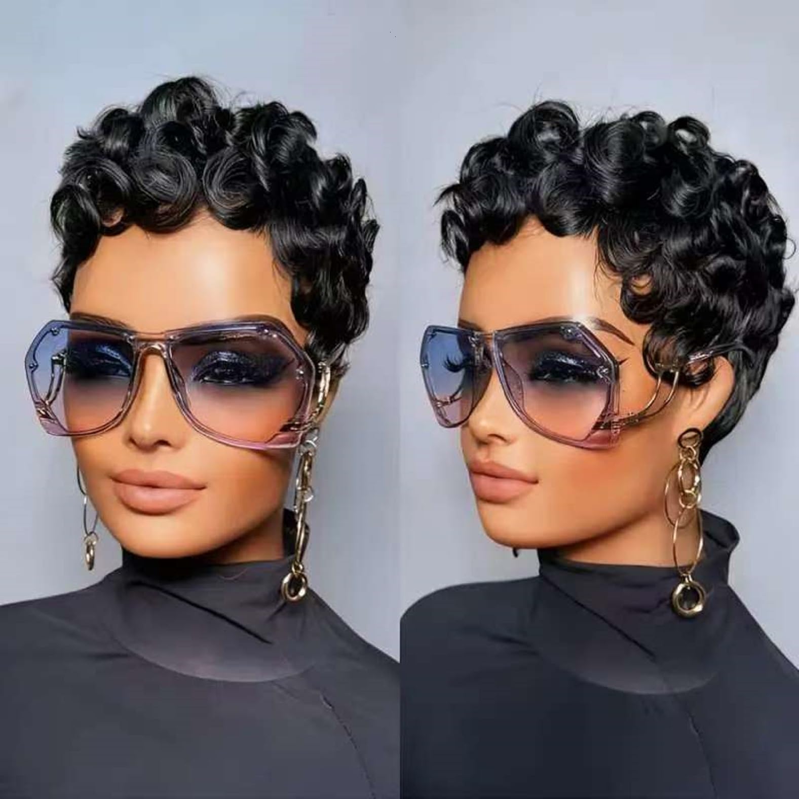 Photo 1 of Nigteye Pixie Cut Wigs for Black Women Short Layered Pixie Human Hair Wigs With Bangs Natural Black Color Glueless Short Curly Human Hair Wig Full Machine Made
