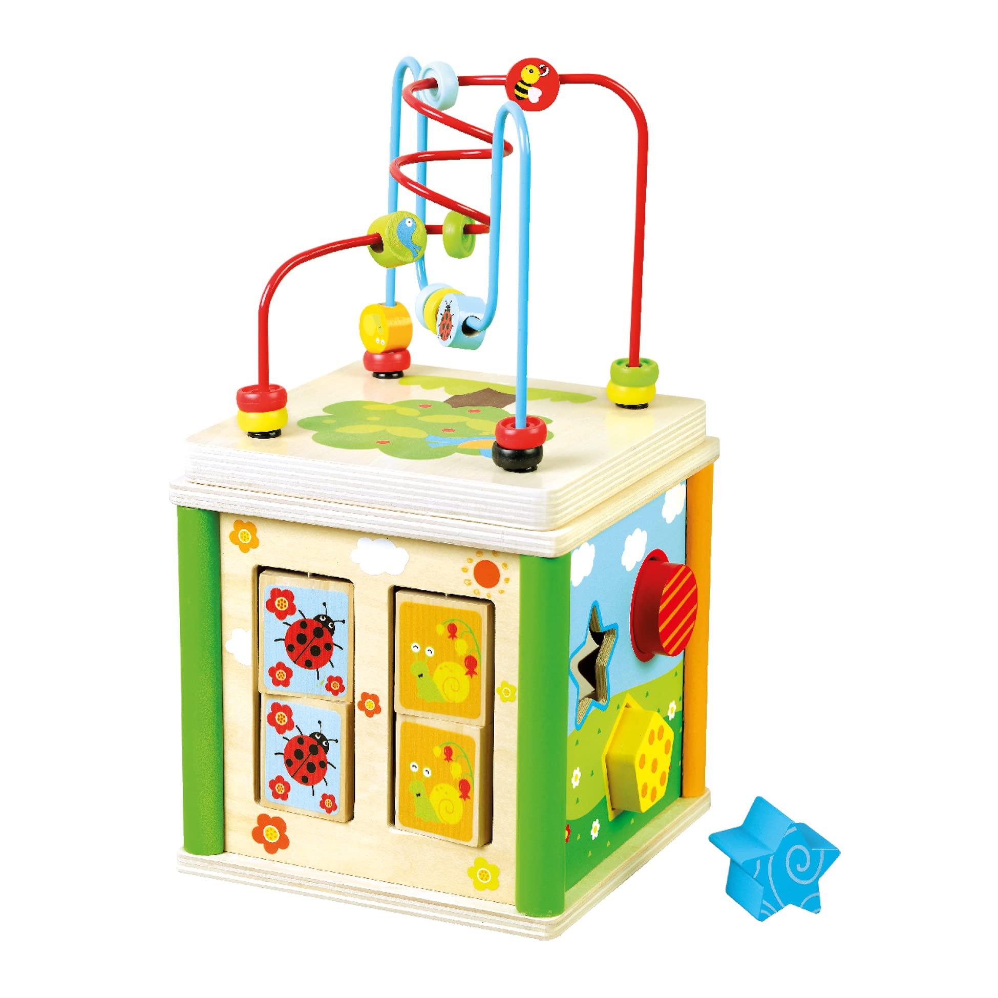 Bino 84213 Wooden Activity Cube 5 in 1. Learning Toy For Children From 18 month for Developement of Fine Motor Skills. Size: 29x15,6x15,6 cm