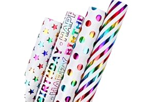 FUHITIM Birthday Wrapping Paper Roll - Mini Gift Wrapping Paper Rolls (56 sq.ft) Colorful Polka Dots Star Designs for Birthday, Baby Shower, Party - 17 in x 120 in Per Roll