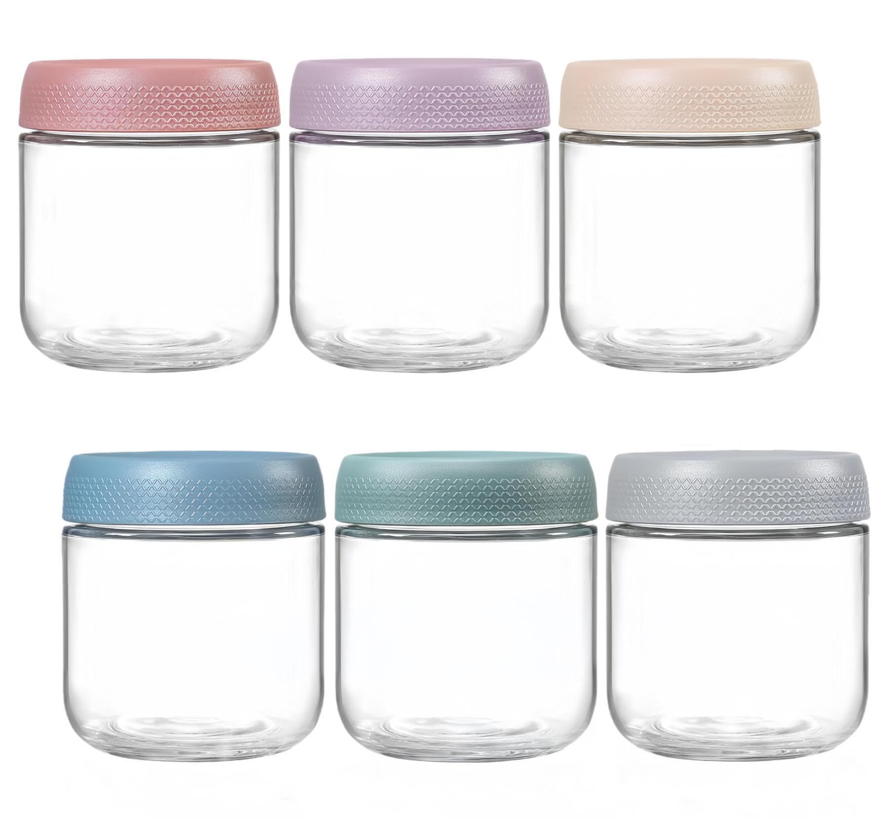 6-Pack 10.6 oz Glass Jar with Screw Lid Leakproof Overnight Oats Container, Yogurt Jars, Oatmeal Salad Jars, for Cereals Milk Fruit Condiment Dressing Sauce Snacks Juice, 6 Colors(6-Pack 300ml)