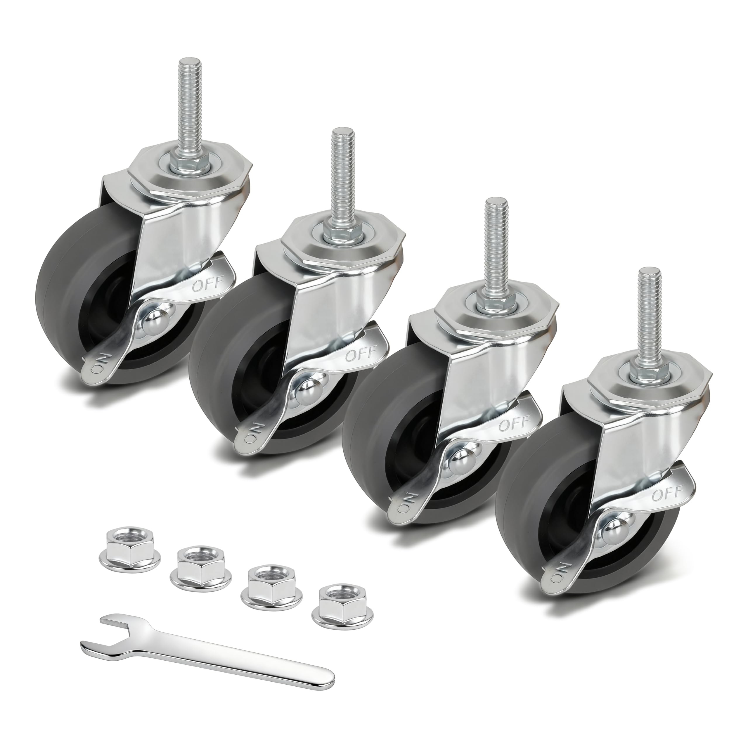 AAGUT Caster Wheels, 3 Inch Rubber Heavy Duty 1/2"-13 x 1-1/2" Threaded Stem Castors, Locking Brake Swivel Wheel, Replacement for Carts Dolly Workbench Trolley, Set of 4