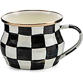 MACKENZIE-CHILDS Enamel Teacup, Unique Coffee and Tea Mug, Enamel Cup for Hot Tea, 10 Ounces, Black-and-White Courtly Check
