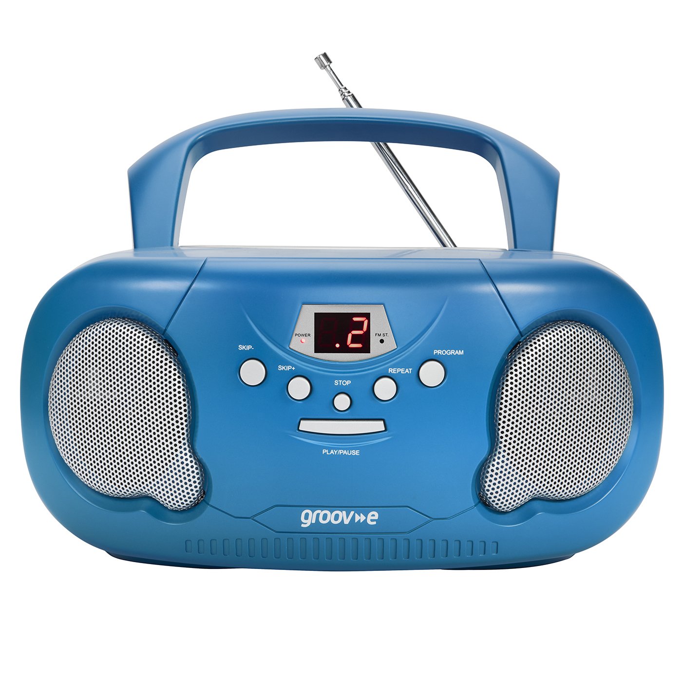 Groov-e Original Boombox - Portable CD Player with Bluetooth, Radio, 3.5mm Aux Port, & Headphone Socket - LED Display, 2 x 1.2W Speakers - Battery or Mains Powered - Blue