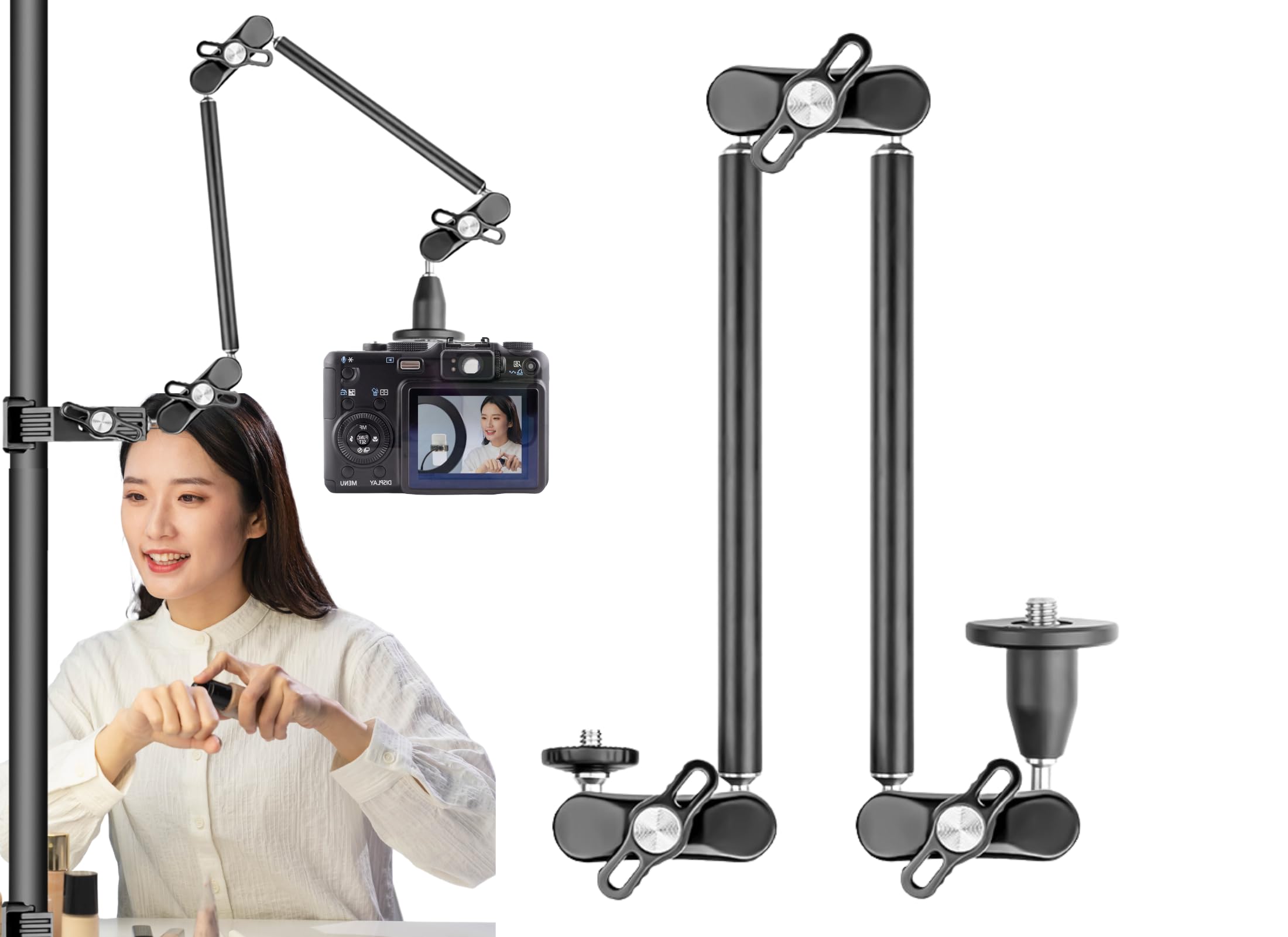 22.4in Magic Arm Camera Mount, 360° Rotation Continuity Camera Mount, Articulating Arm Two Section N 1/4inch 3/8inch 4.4lb Load Bearing Articulating Arm for Fill LightPhone