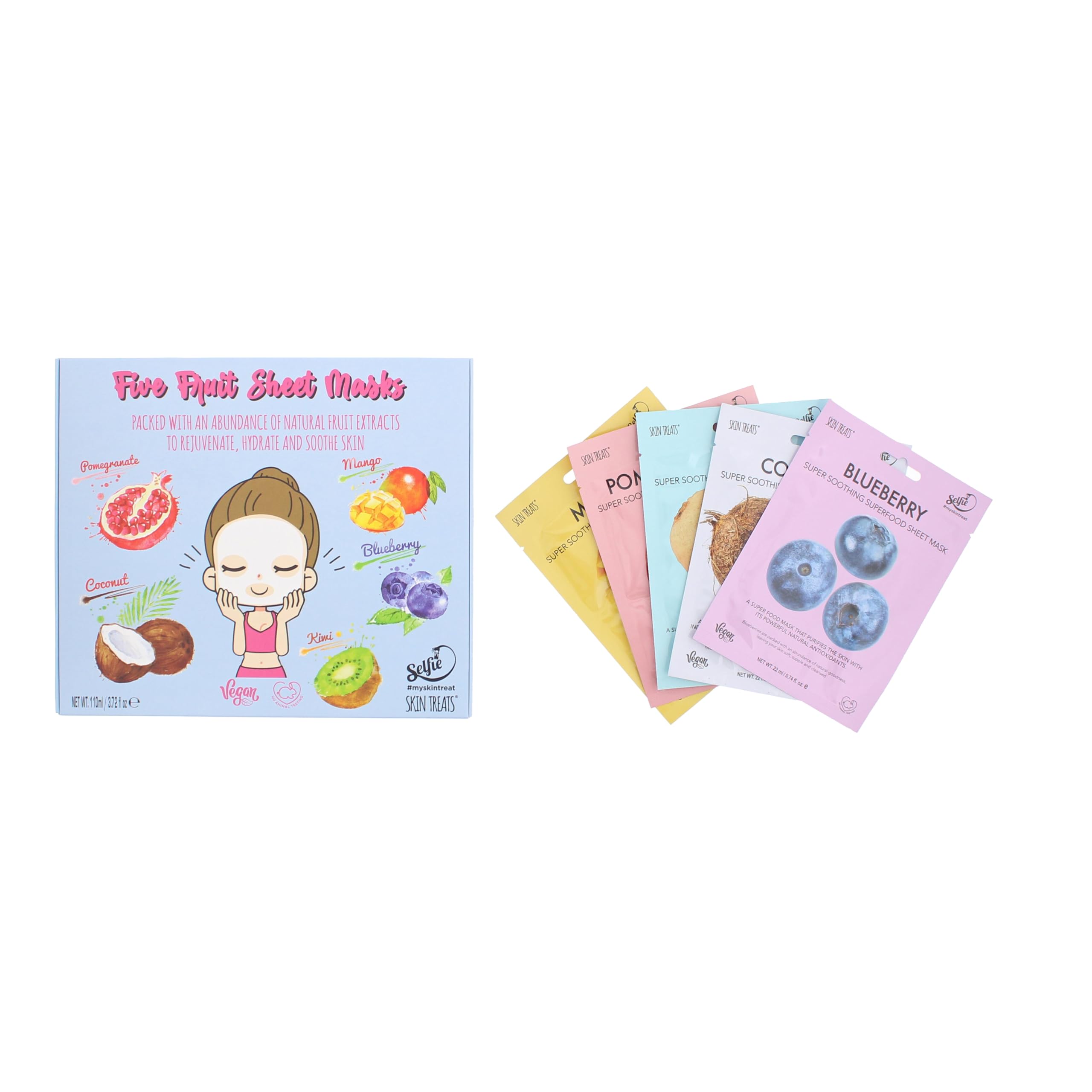 Skin Treats Five Fruit Sheet Masks | Natural Fruit Extracts | Rejuvenates, Hydrates & Soothes Skin | Biodegradable | Vegan | Not Tested On Animals | 22ml
