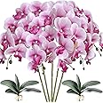 HinyoCo 5 Pcs Artificial Orchid Flowers and 2 Bundles Leaves,Artificial Phalaenopsis Flowers 32 Inch Stem Plants for Home Wedding Decoration (White Flower Purple Core)