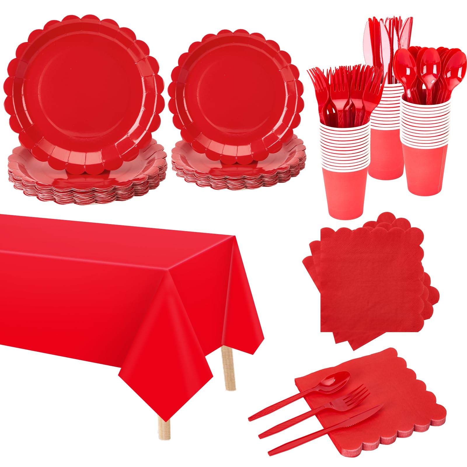 Photo 1 of 176 Pcs Red Paper Plates and Napkins, Red Party Supplies Include Scalloped Paper Plates Napkins Cup Plastic Tablecloth Spoon Fork Knives for Birthday Wedding Baby Shower