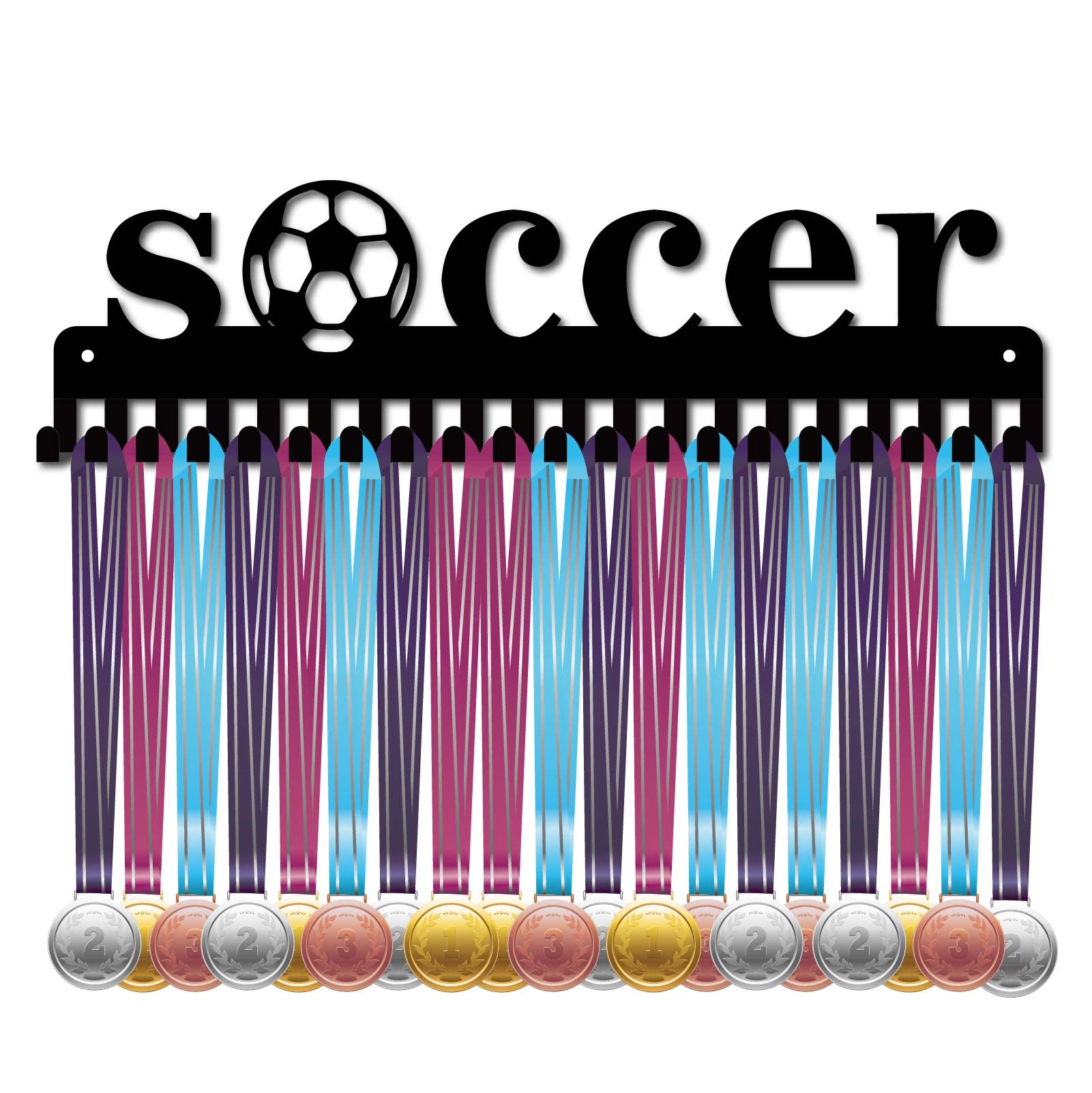 CREATCABIN Medal Holder Display Hanger Rack Sports Soccer Metal Wall Mount with 20 Hooks for Race Football Runner Players Gymnastics Gymnast Over 60 Medals Black 15.7 x 4.5inch