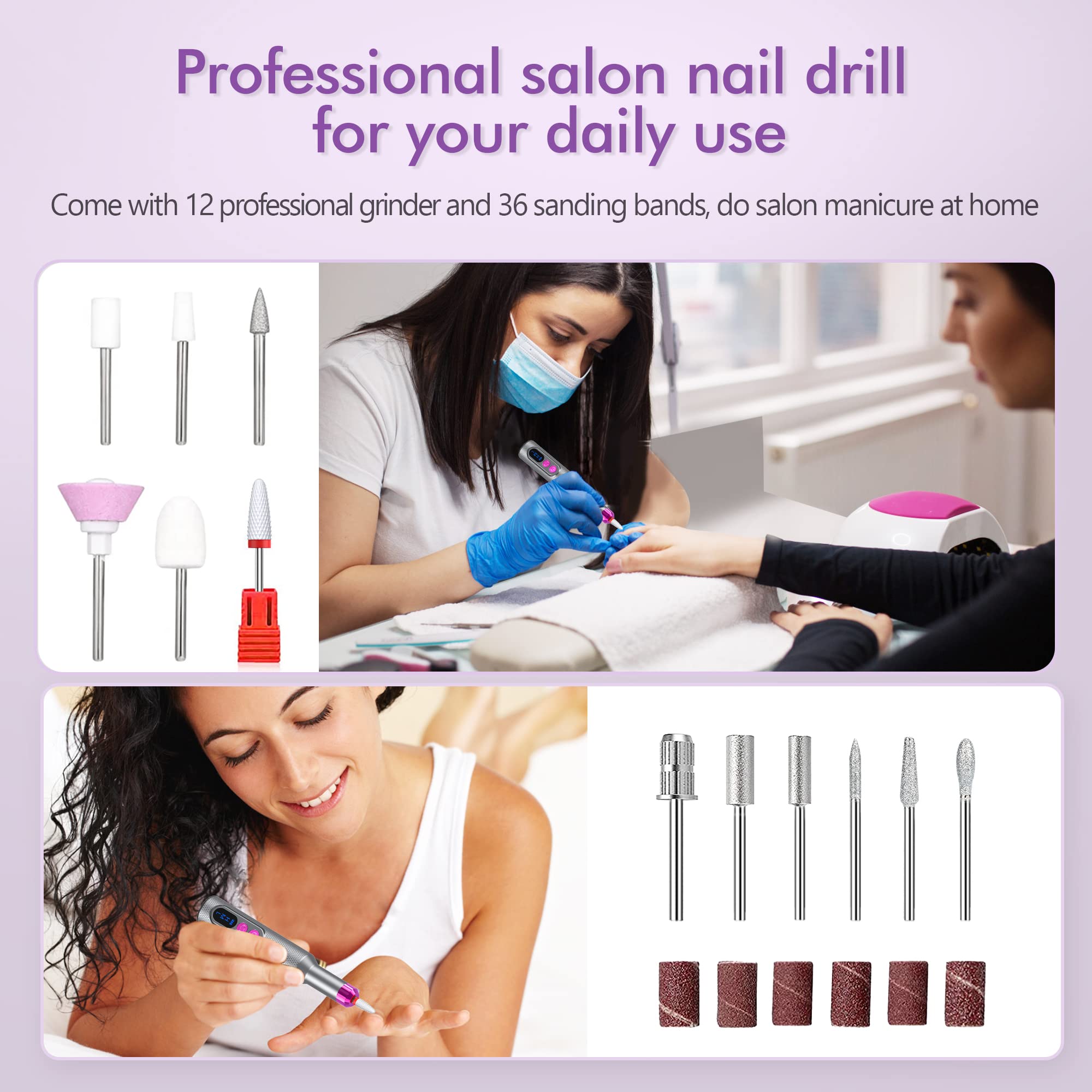 Nail Drill, Cordless Electric Nail Filer Professional E-File Nail Drill Kit for Acrylic, Gel Nails, Manicure Pedicure Polishing Shape Tools Design for Home Salon Use Gray - Image 7