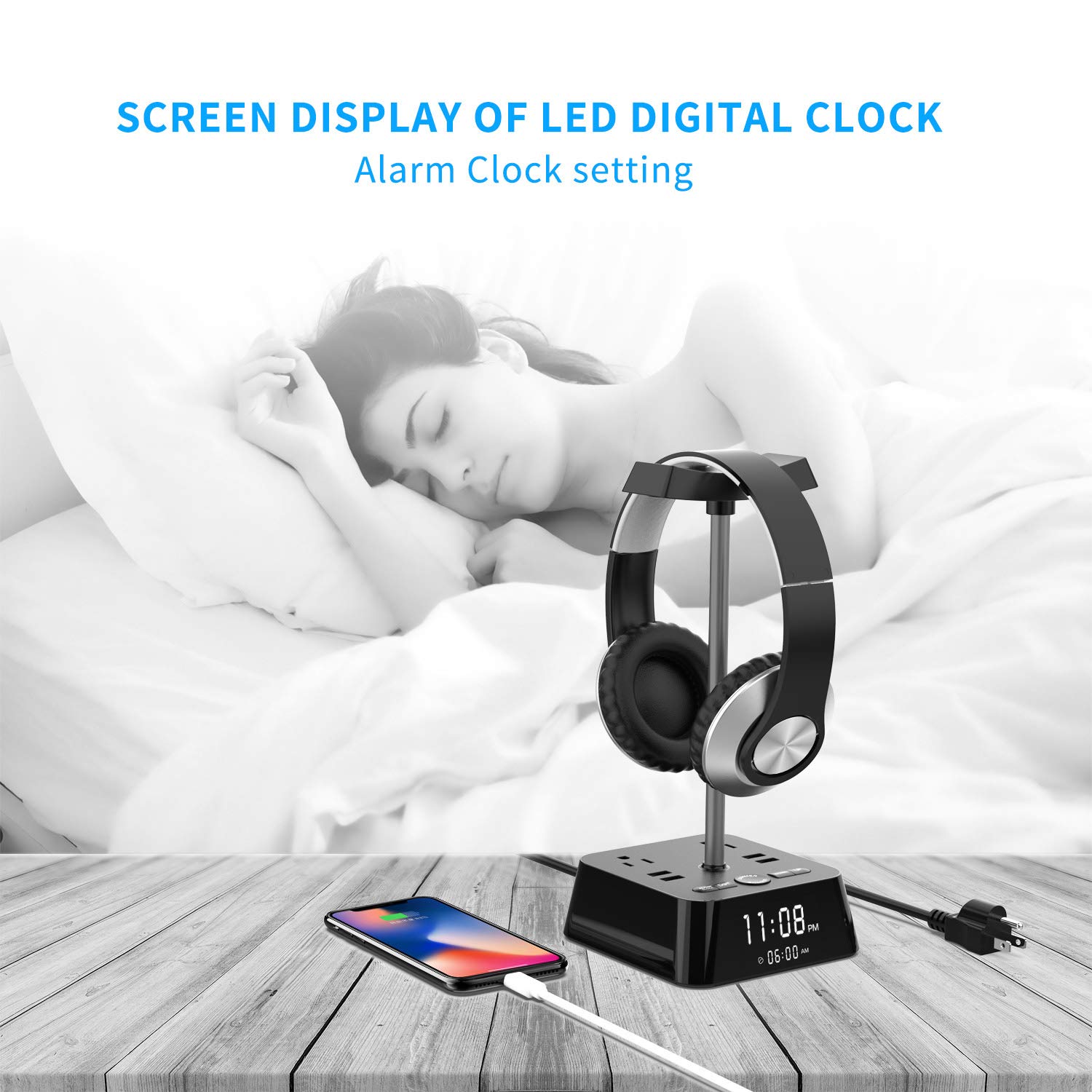 Alarm Clock Charger w/4 USB Ports & 2 Outlets with LED Desk Lamp Night Light and Headphone Stand,Surge Protector Power Strip Charging Station for Bedside,Dorm,Office,Hotel (Snooze,DST,Battery Backup)