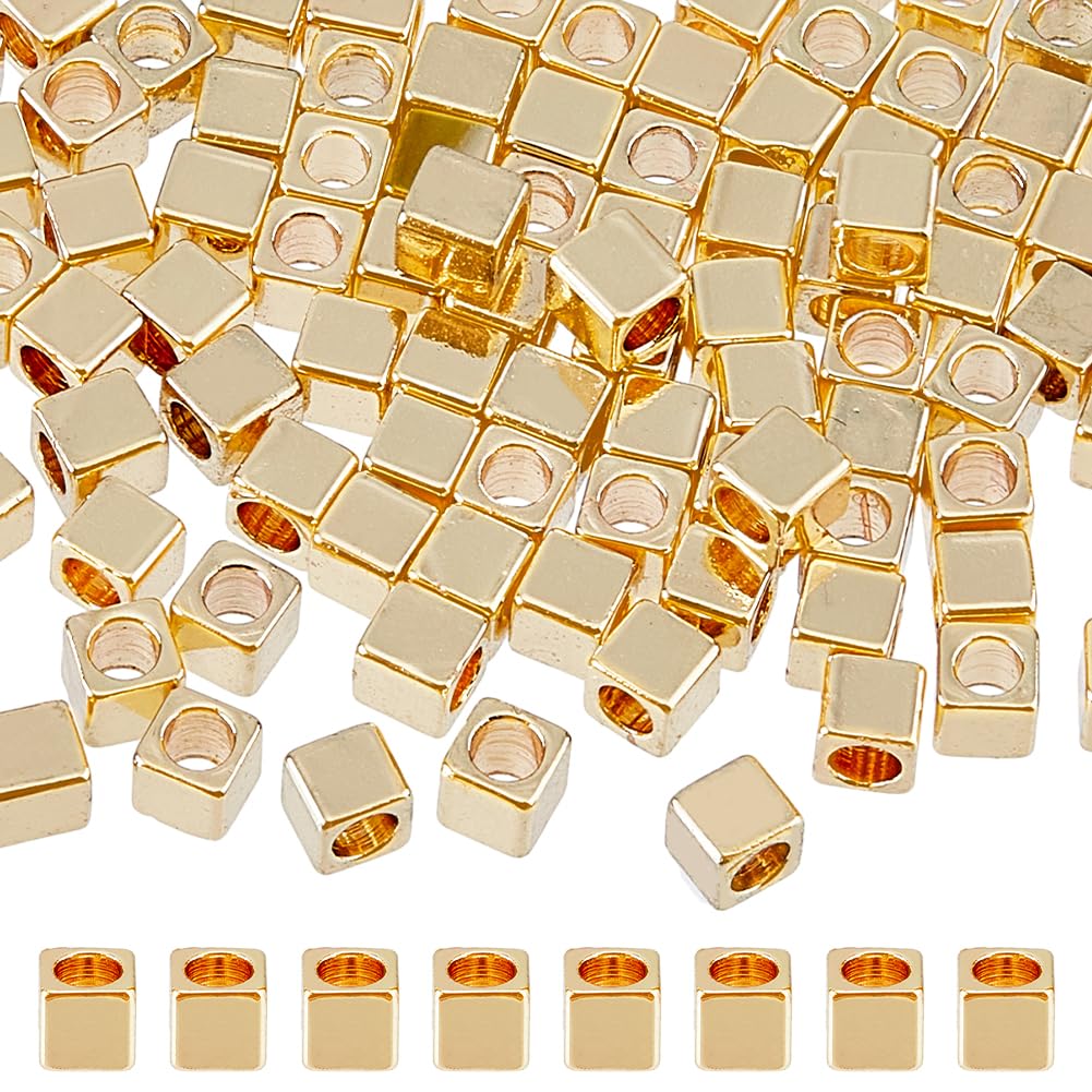 HOBBIESAY 100Pcs Cube Beads Brass Gold Cube Beads Square Spacers Loose Charms Beads DIY Jewellery Findings Bracelets Necklaces Earrings Crafts Right Angle 3x3mm