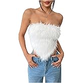 MakeMeChic Women's Fur Tops Concert Fuzzy Crop White Tube Tops Y2K Bandeau Snooki Outfit