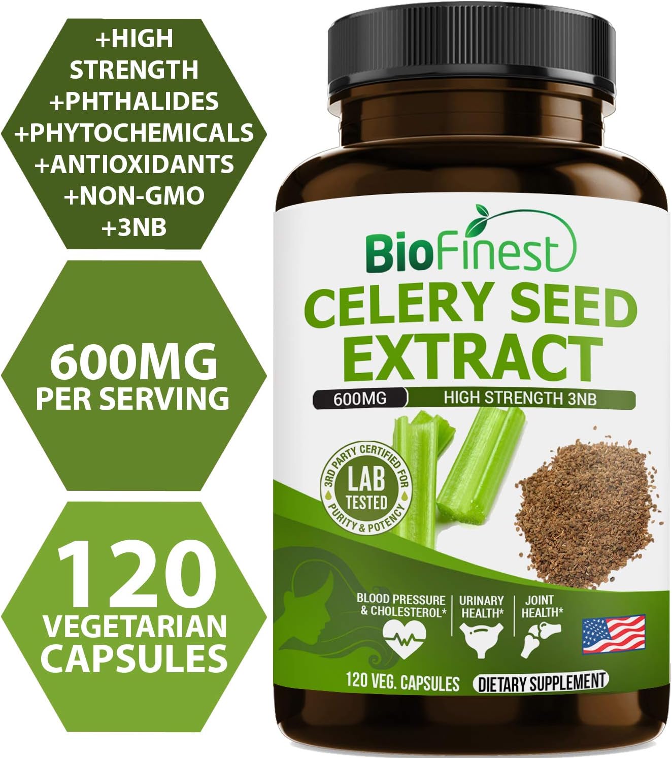 Biofinest Celery Seed Extract (Apium Graveolens) - Pure Gluten-Free Non-GMO - Made in USA - Supplement for Healhty Cholesterol, Blood Pressure, Heart, Joint Health (120 Vegetarian Capsules)