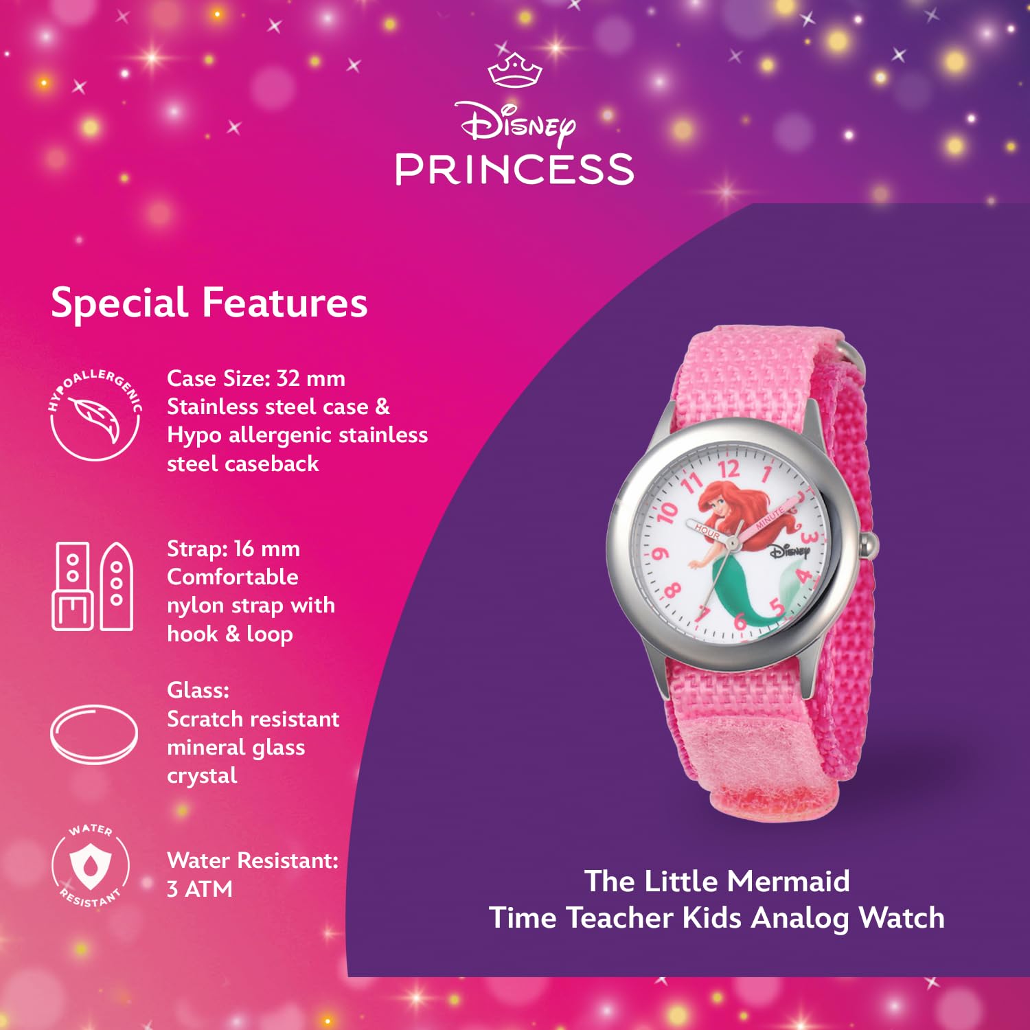 Disney The Princess & The Frog Kids' W002916 Ariel Analog Display Analog Quartz Blue Watch