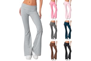 RIKBUIG Womens Flare Leggings Fold Over Yoga Pants Y2K Low Rise Wide Leg Sweatpants Bell Bottom Buttery Soft Cotton Leggings