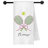 METNBASYY Tennis Gifts for Women Kitchen Towels, Gifts for Tennis Lovers Players Dish Tea Towels, Pink Bow Sports Racket Decorative Hand Towel for Bathroom Kitchen, 16x24 Inch