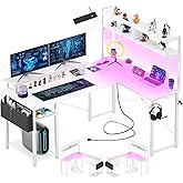 Aheaplus Small L Shaped Desk with Charging Port & LED Strip, Reversible L-Shaped Gaming Desk Computer Desk with Monitor Stand & Storage Shelf, Corner Desks Home Office Desk with Storage Bag, White